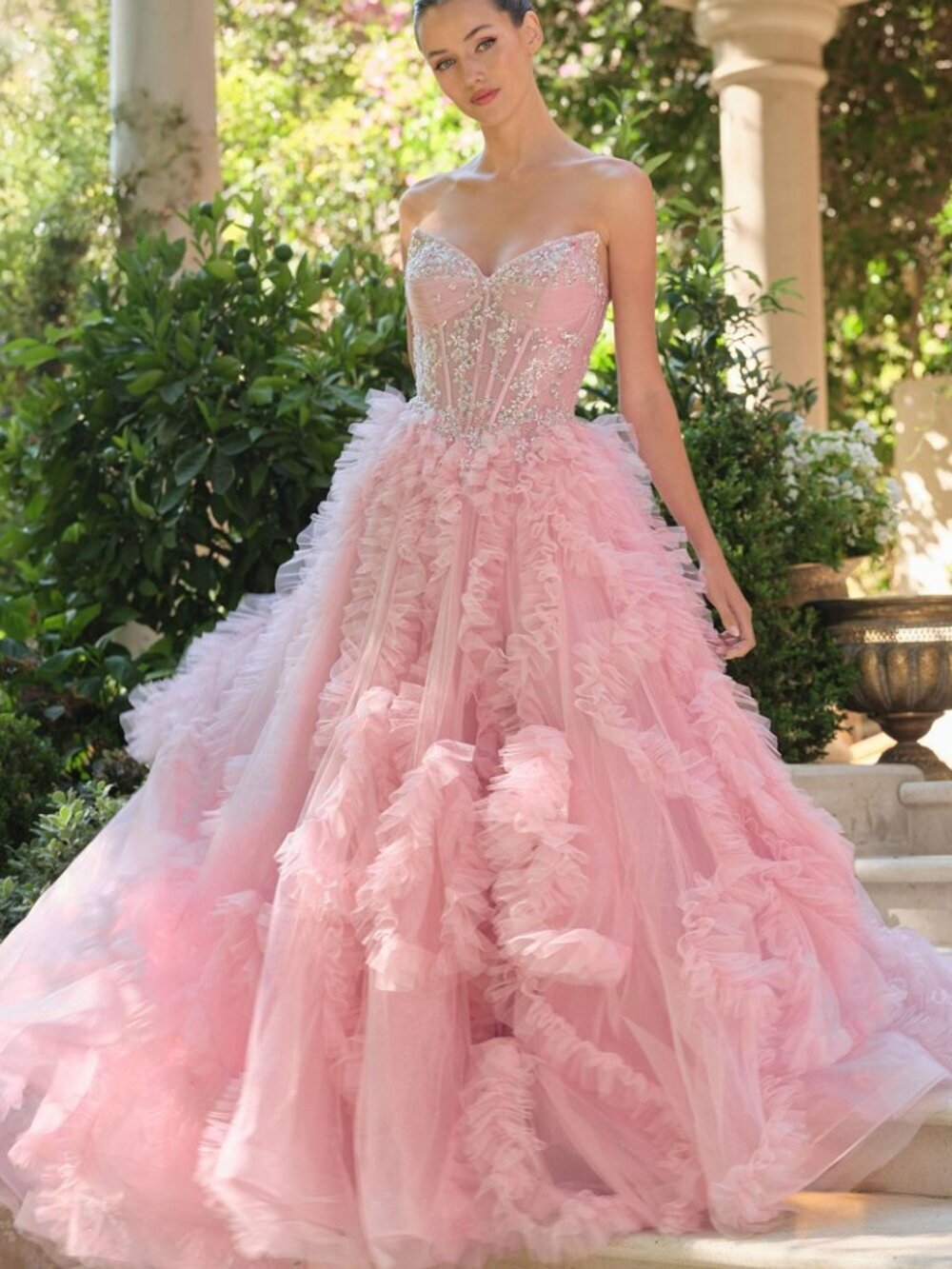 New Maxi Prom Ruffled Dress w/ Beads Embroidery & Sheer Boned Bodice CD A1483